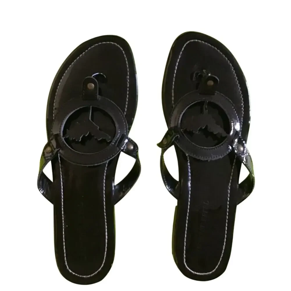 EUC Vintage 2000s Y2K‎ Laurent Effel Black Patent Leather Logo Sandals